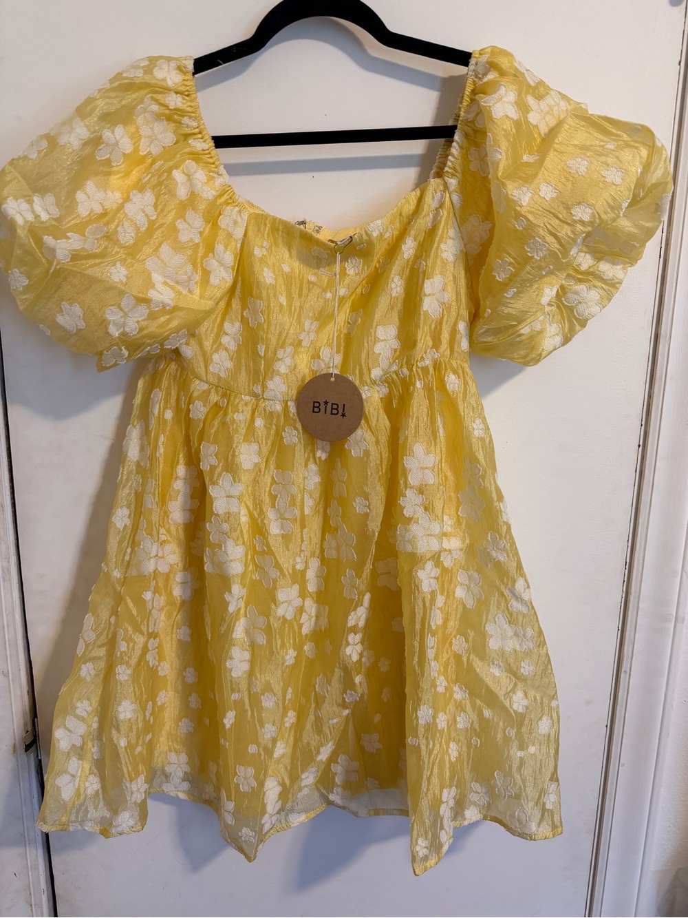 BiBi Yellow Floral Puff-Sleeve Mini Dress Size Small